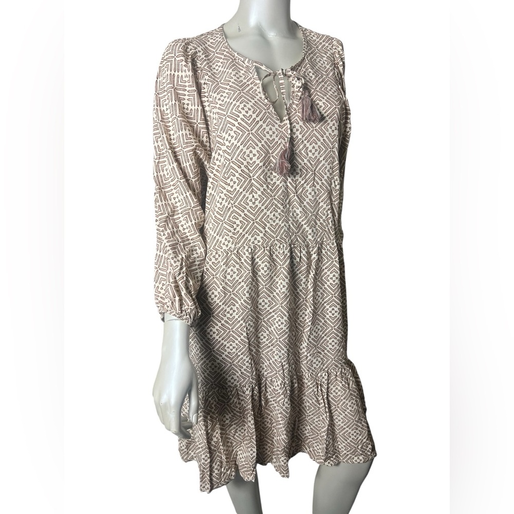 Kate & Sam Espresso brown and Cream Geometric Patterned Cream Dress